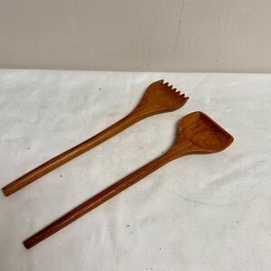 Mid Century Scuptural Teak  Wood Salad Serving Utensils, Fork and Spoon